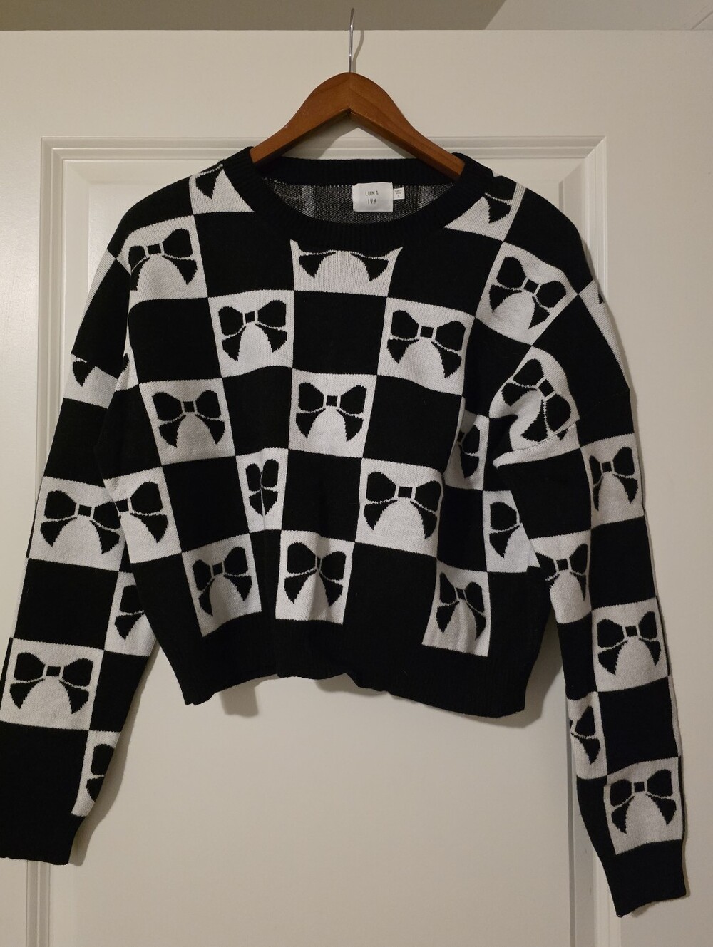 Luna Ivy Bow Checkered Cropped Sweater Whimsy Goth Coquette Womens S Oversized